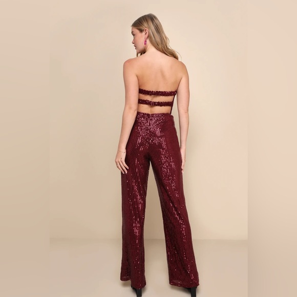 Lulu's NWT Glorious Vision Wine Red Sequin Strapless Wide-Leg Jumpsuit - Picture 2 of 5